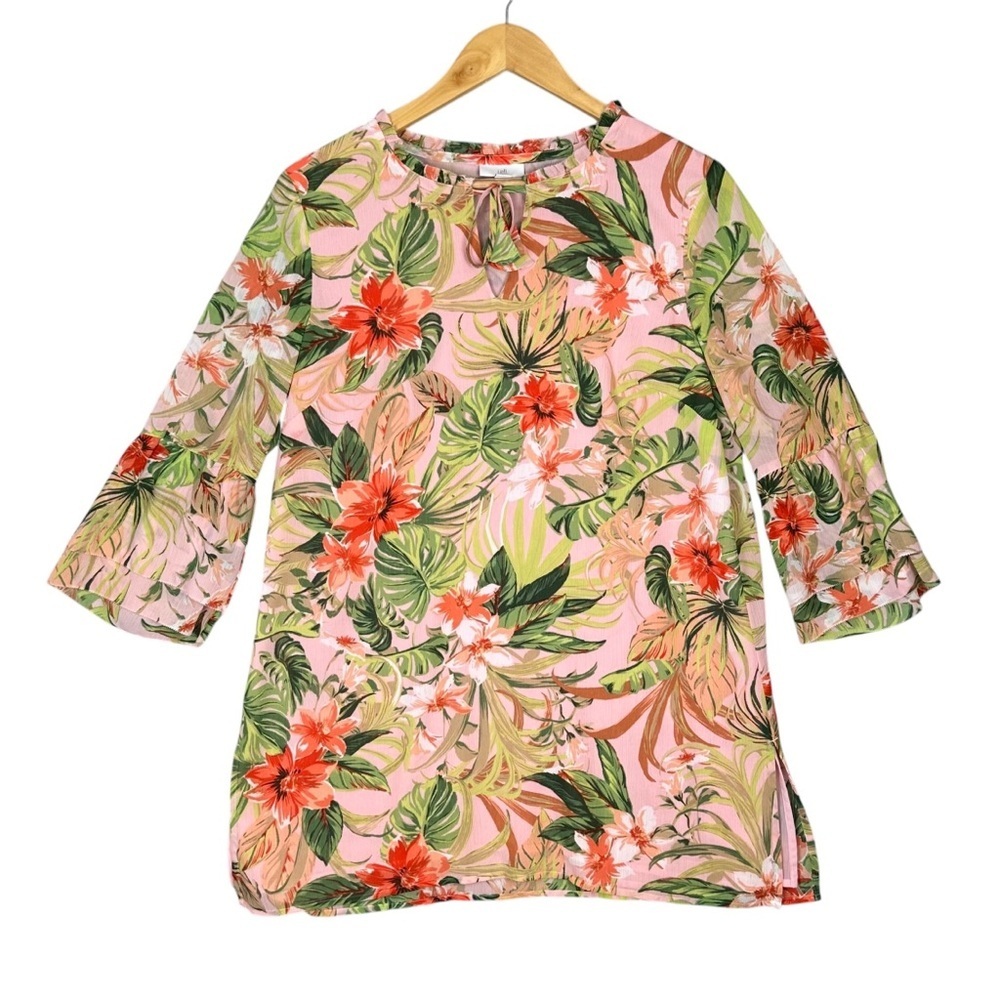 J. Jill Blouse Womens Small Pink Tropical Floral Chiffon Lined Boho Tunic Top - Picture 2 of 12